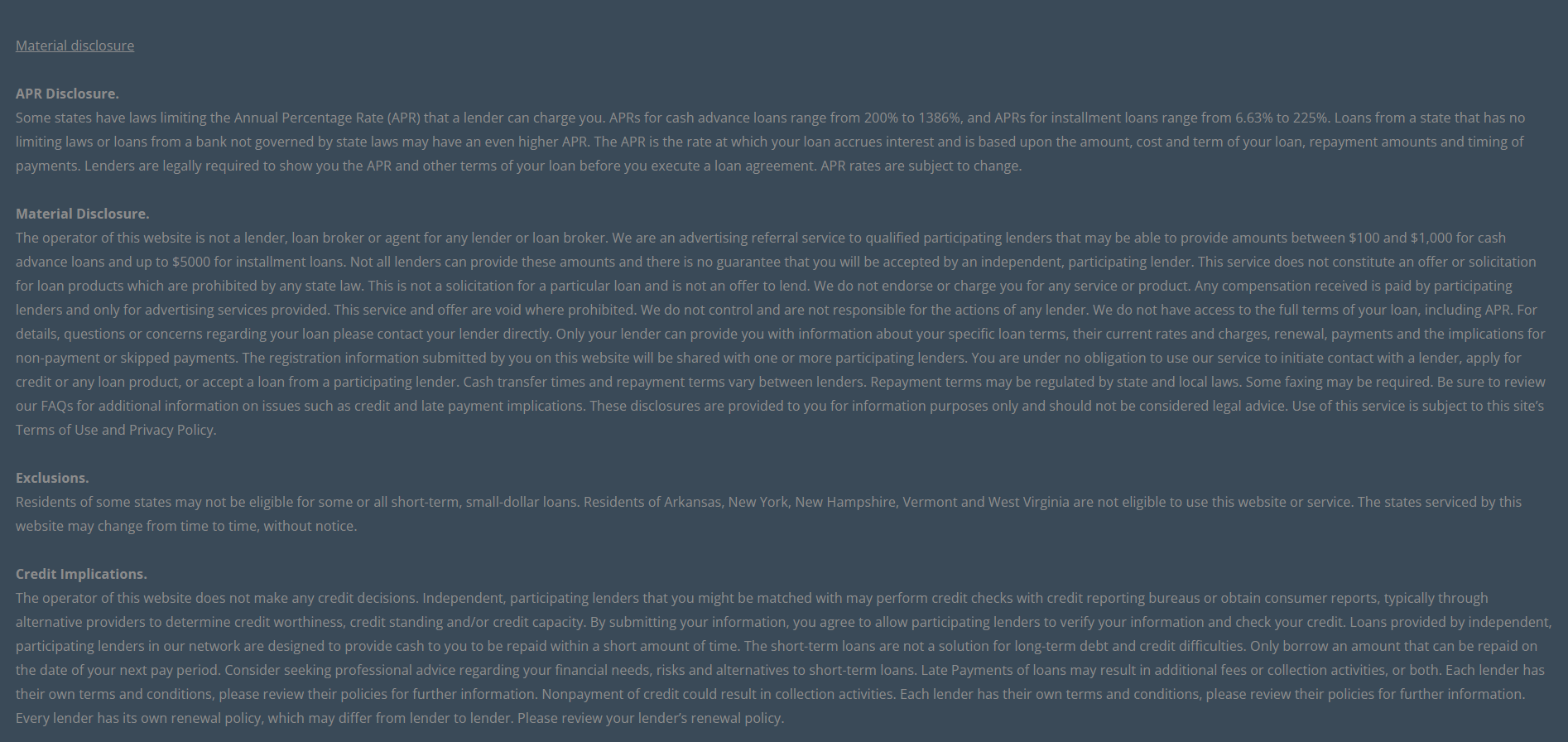 Material disclosure for payday loans in Evansville Indiana